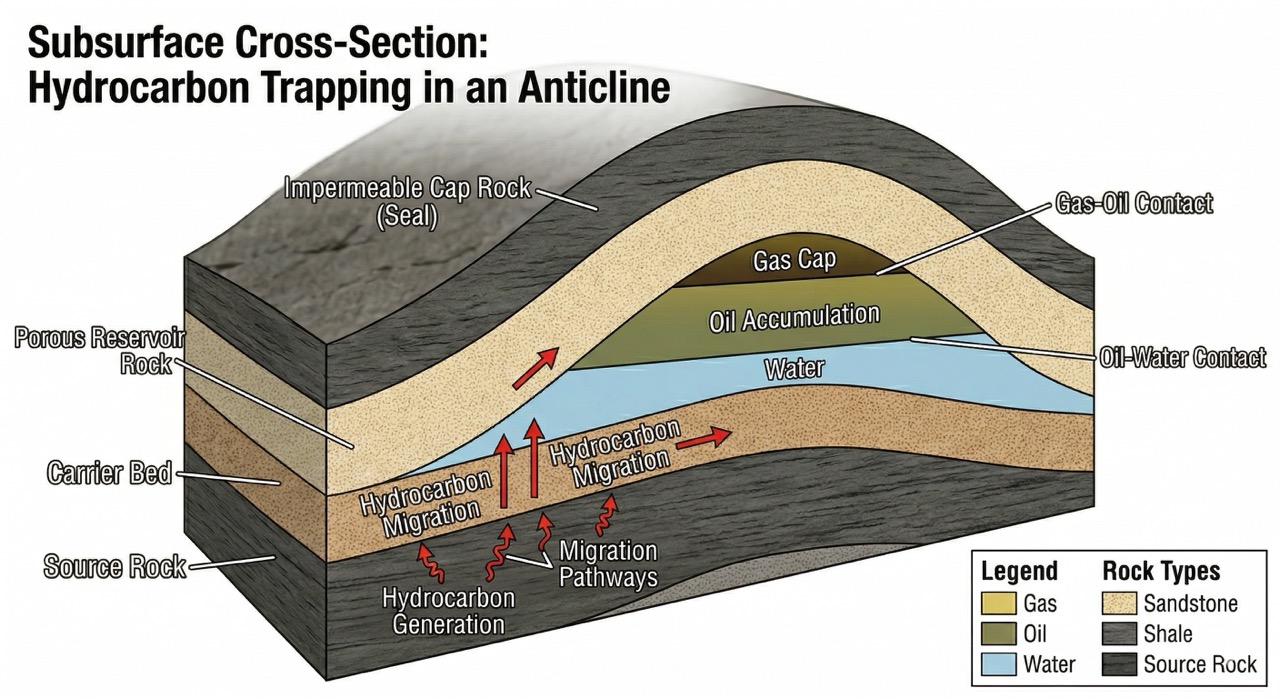 Subsurface cross-section of a petroleum reservoir system. Hydrocarbons generated in source rock migrate upward and accumulate in porous sandstone beneath an impermeable cap rock seal.